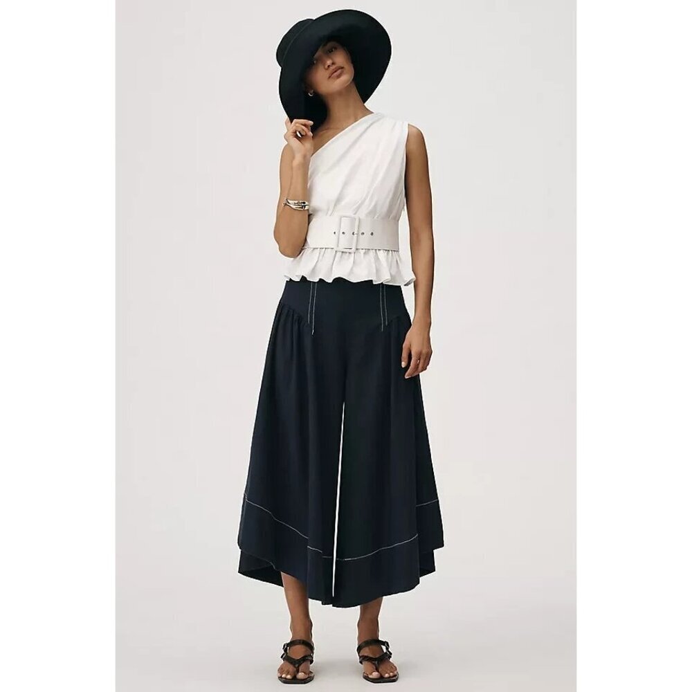 By Anthropologie Linen Extended Waist Wide Leg Pants NAVY 10 - Picture 2 of 3